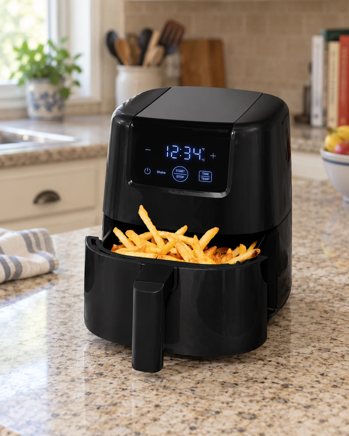 Compact Chefman TurboFry style air fryer with its whole drawer and handle visible on a kitchen counter