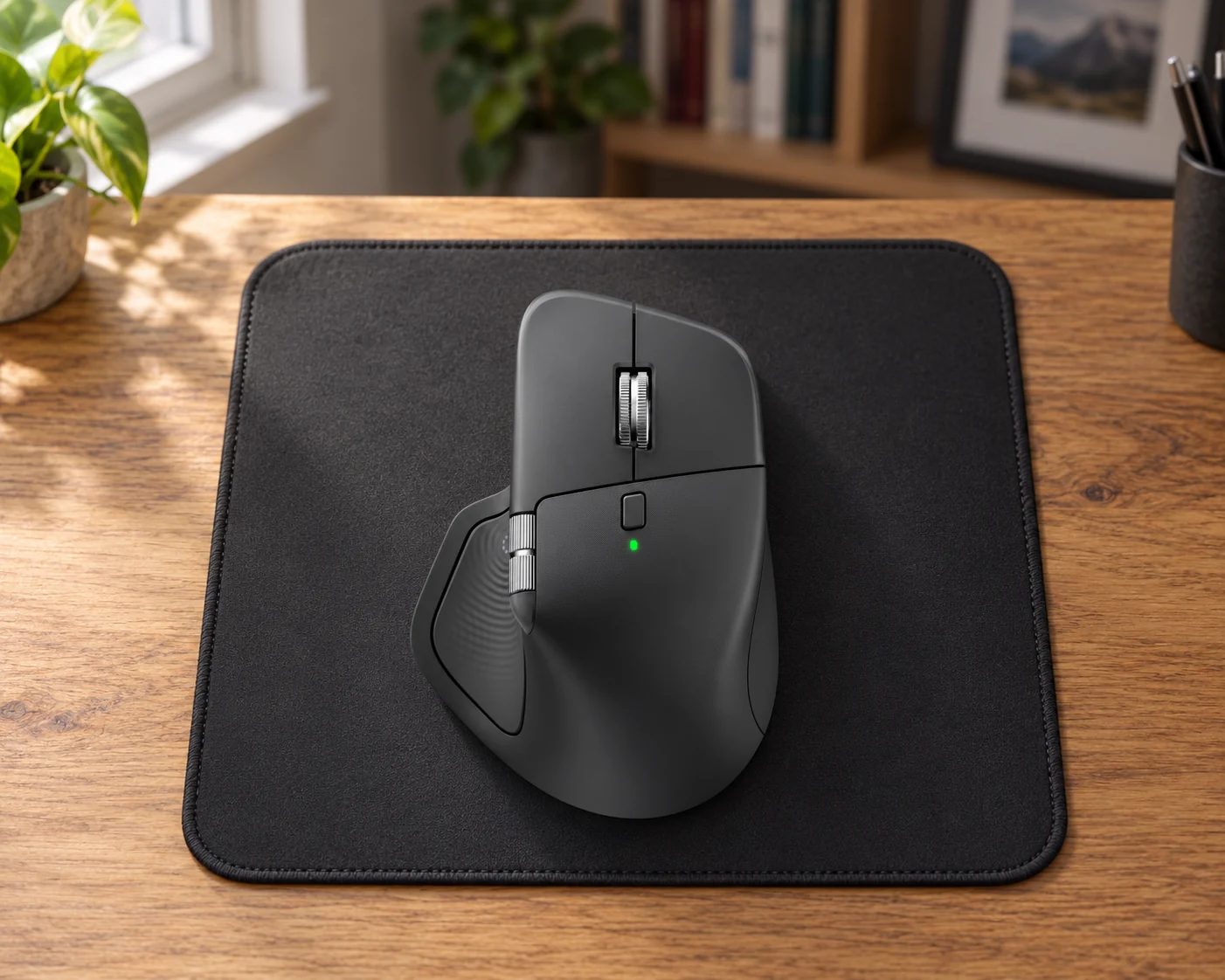 A graphite ergonomic mouse on a dark mouse pad.