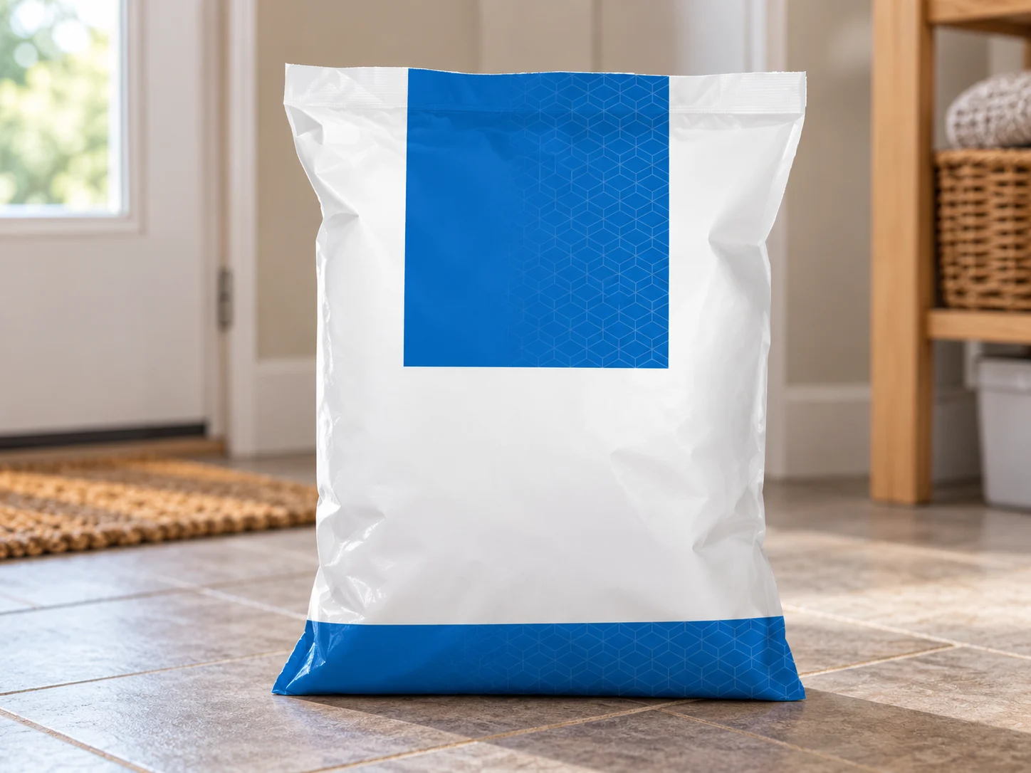 A plain blue and white bag on a household tiled floor.
