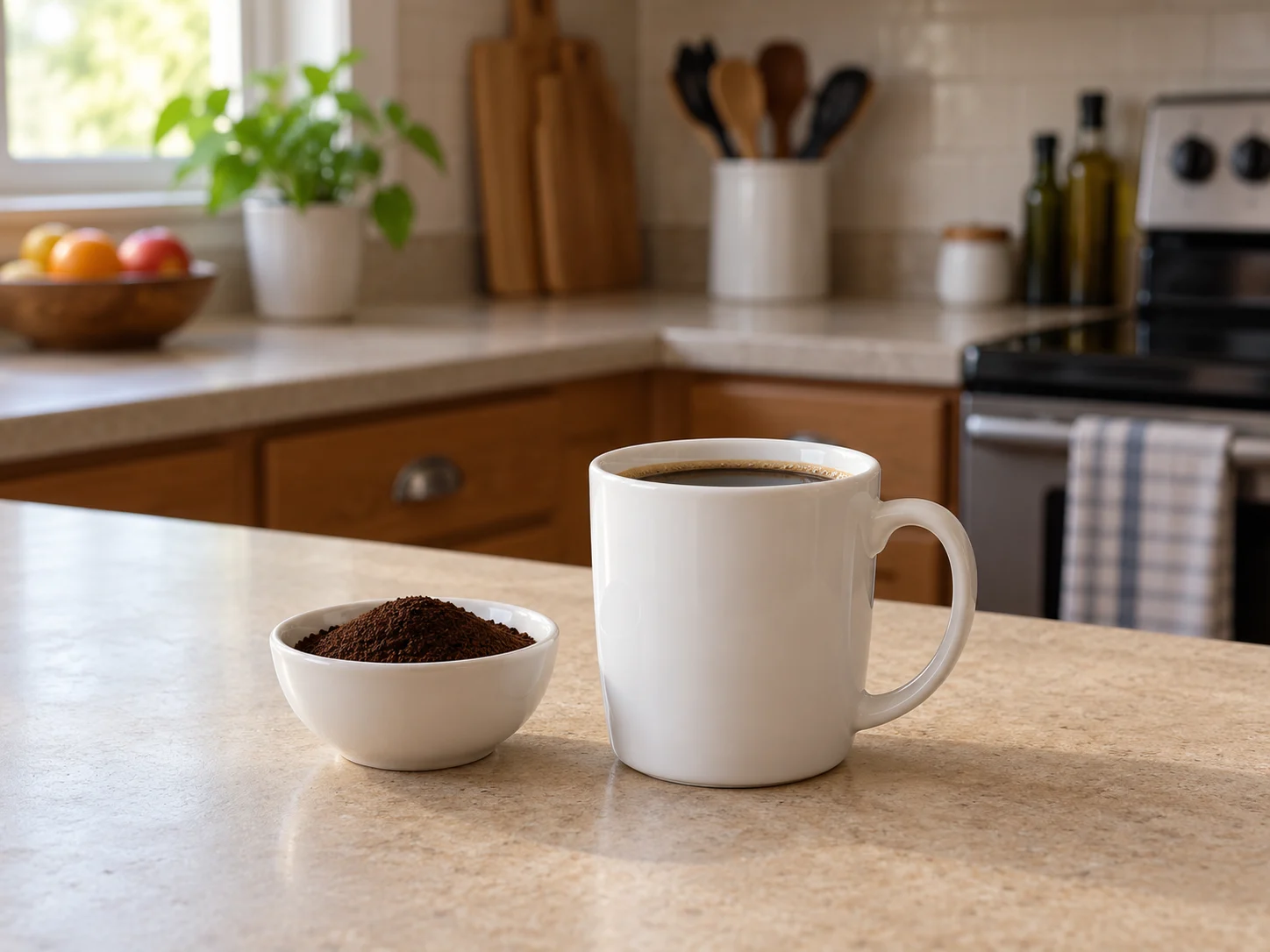 Plain coffee mug and ground coffee on a kitchen counter.