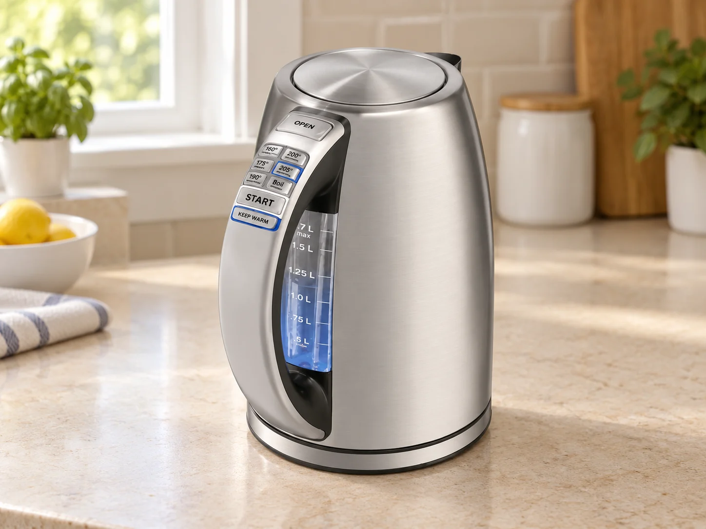 Stainless-steel electric kettle with temperature buttons on a kitchen counter.