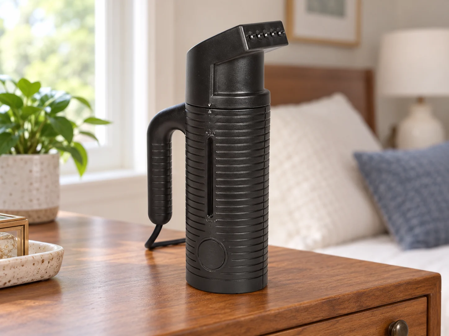 Black handheld travel steamer on a bedroom dresser.