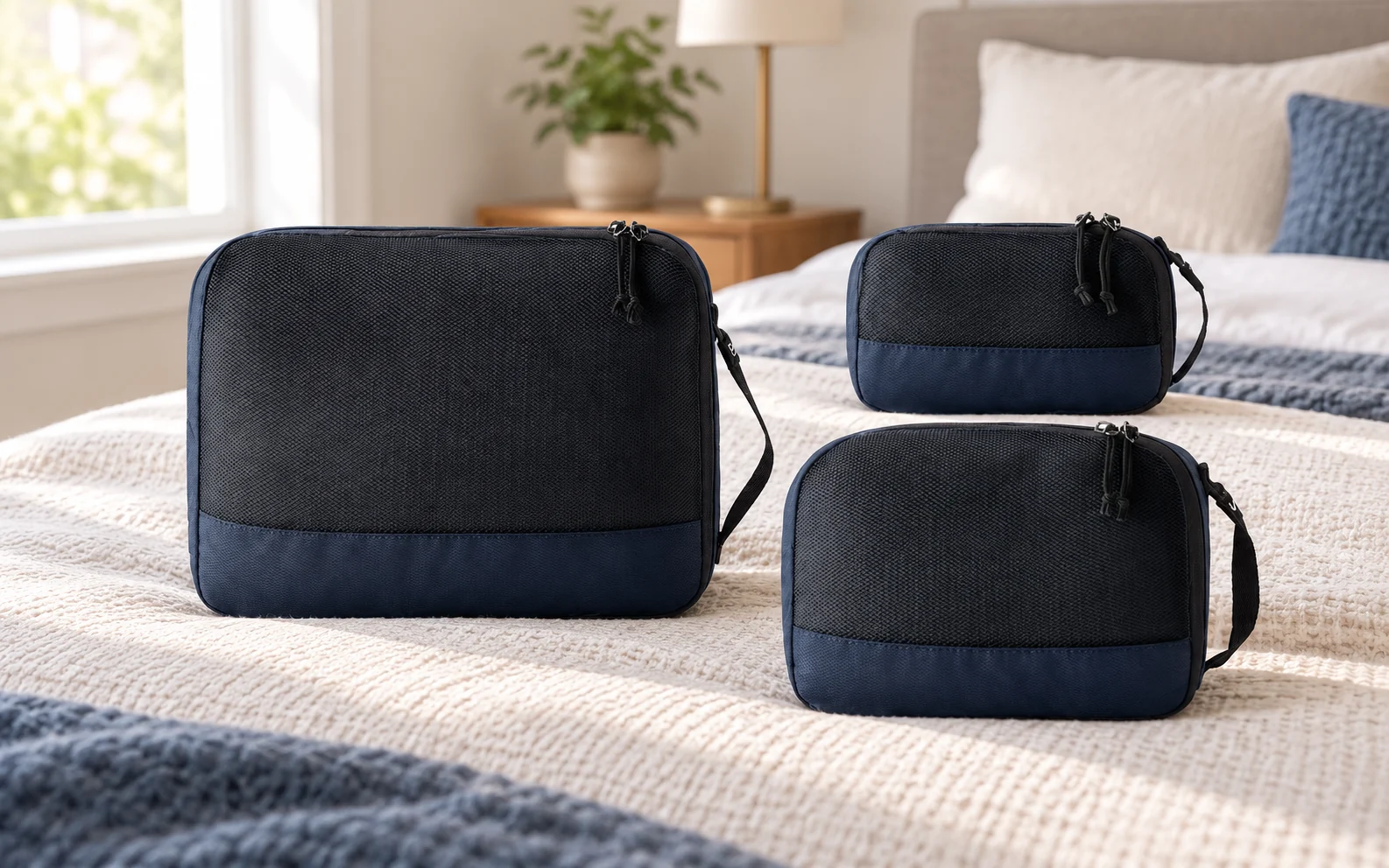 Three navy packing cubes on a bed.