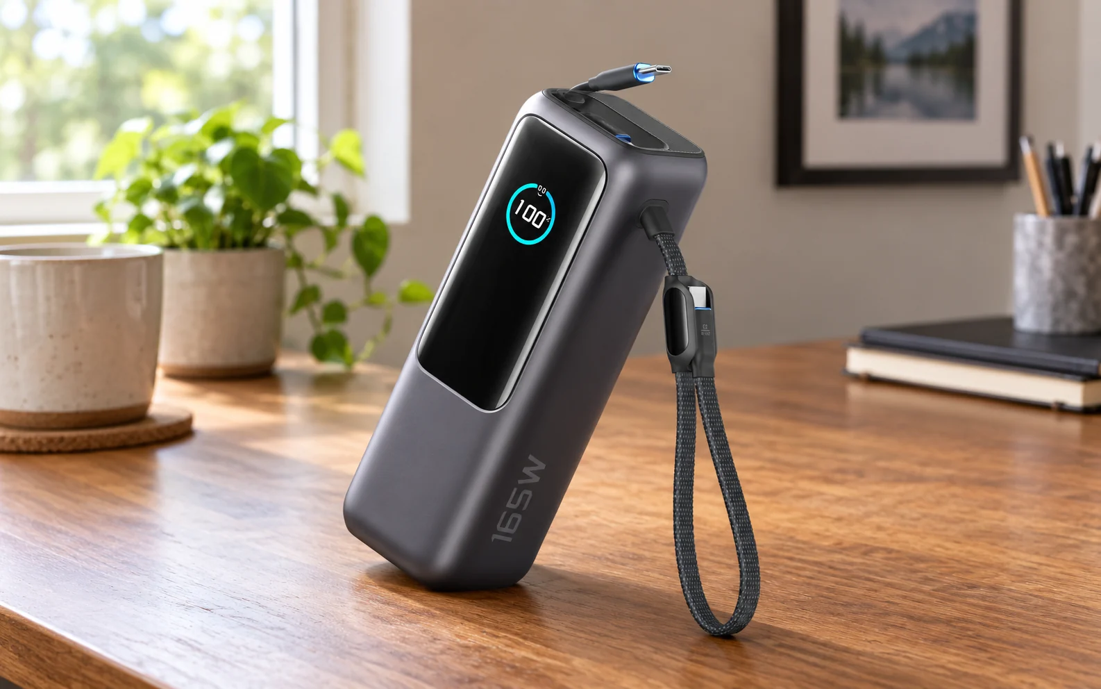 A black power bank with a braided cable on a home desk.
