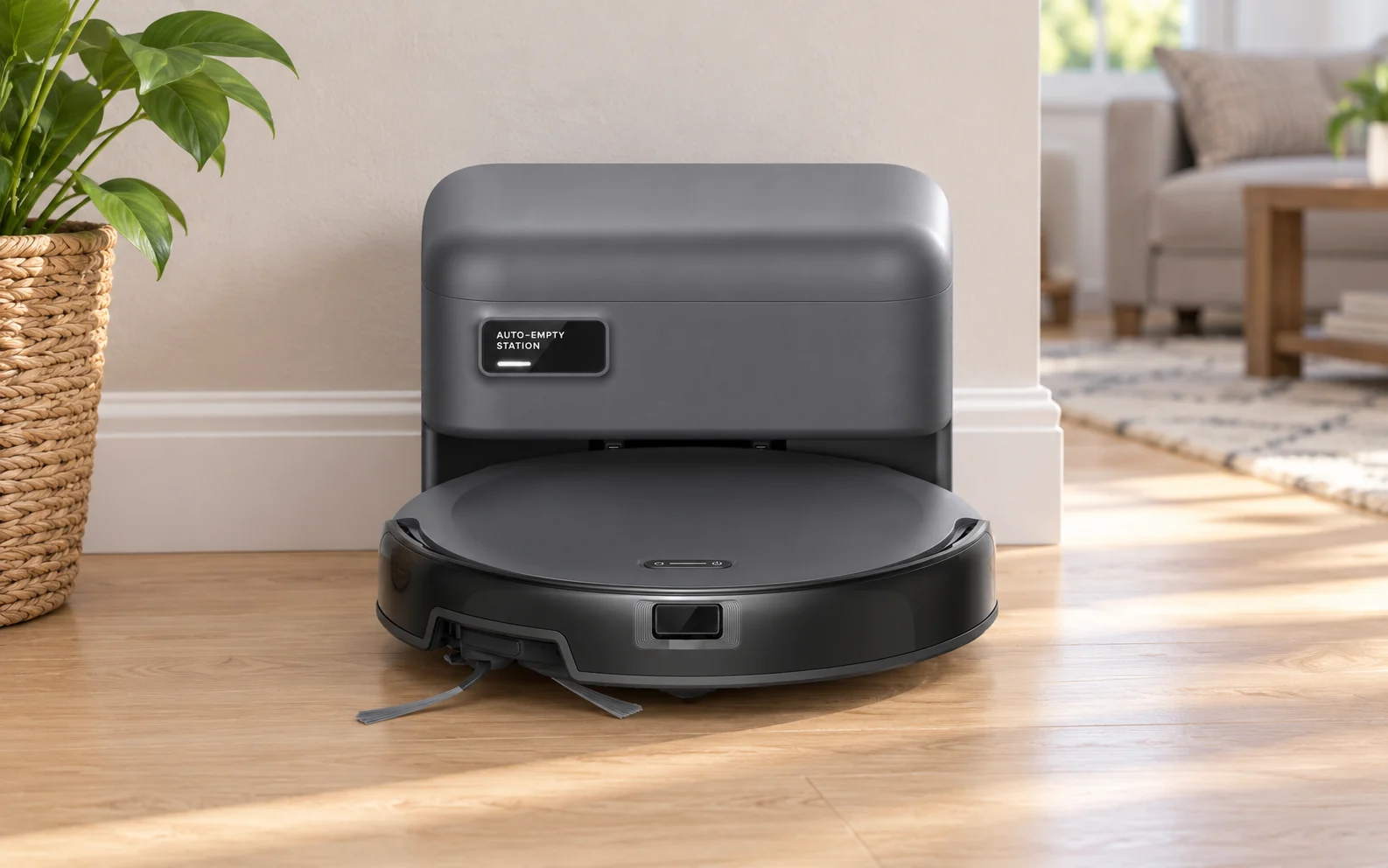 A dark robot vacuum and low rectangular dock on a wood floor.