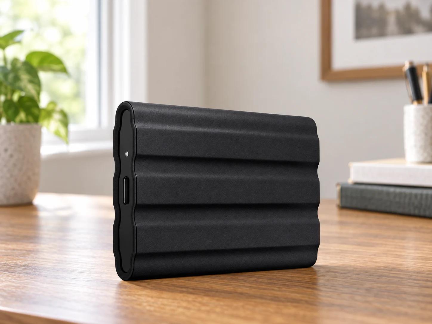 Samsung Portable SSD T7 Shield, 1TB, Black, MU-PE1T0S/AM in a household setting.