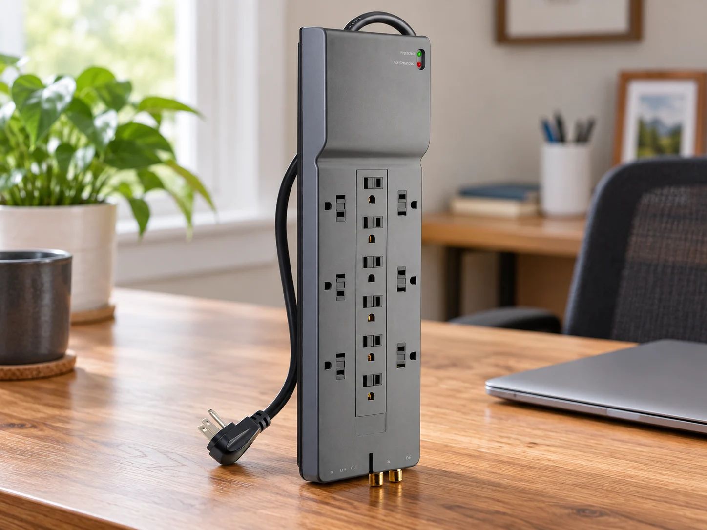 Grey twelve-outlet surge protector and power cord on a wooden desk.