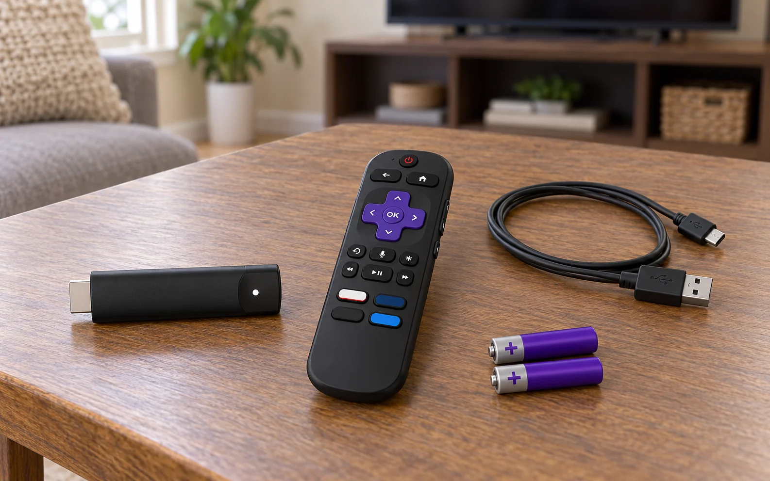 A streaming stick, remote, USB cable and two batteries on a coffee table.