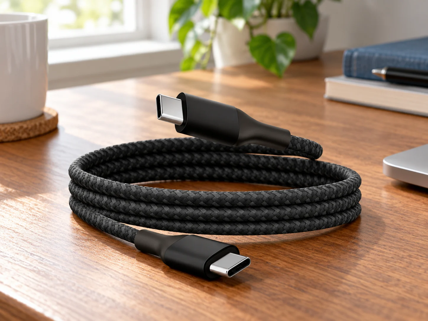 Coiled black braided cable with two USB-C connectors on a wooden desk.