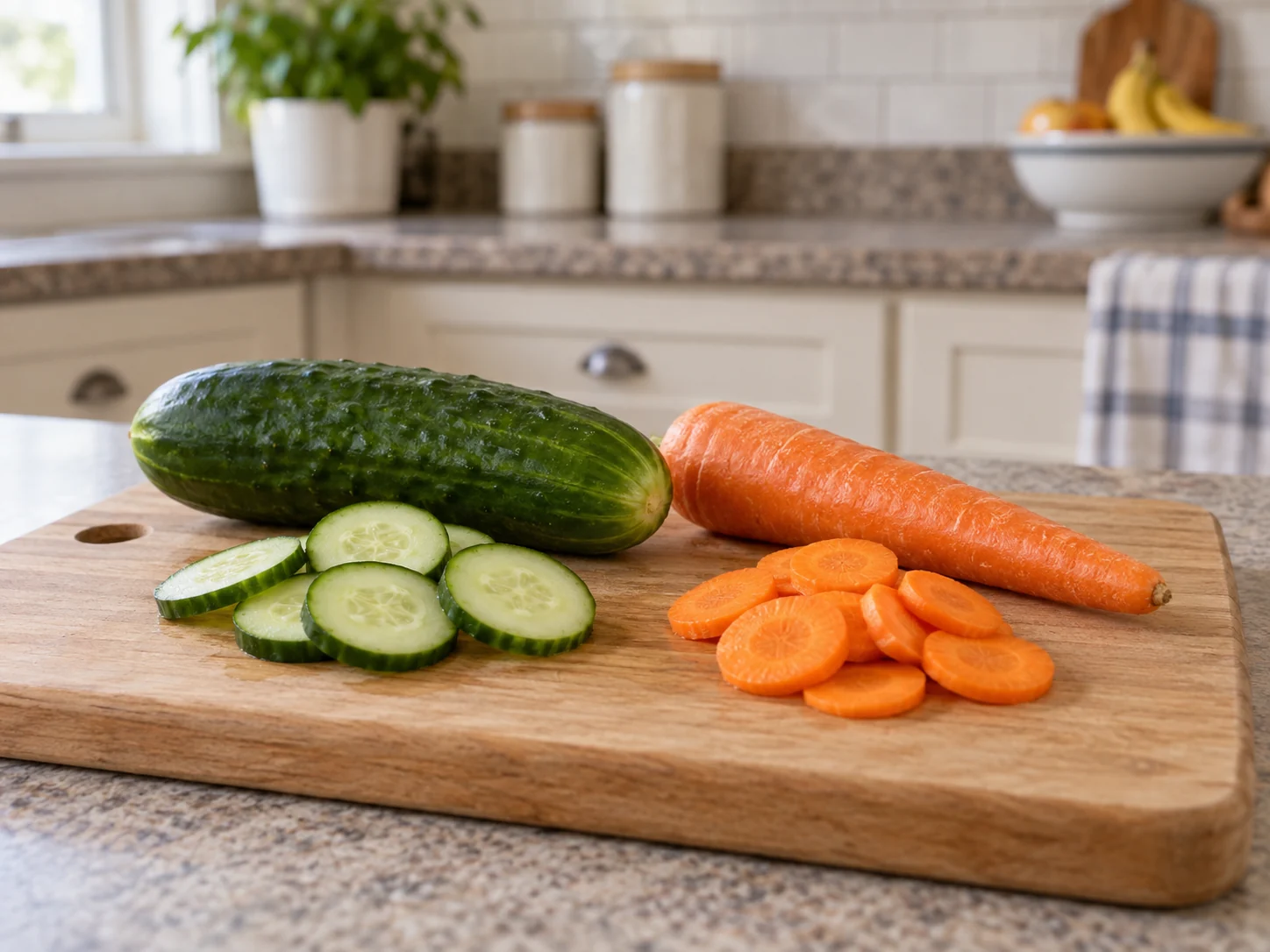 Whole cucumber and carrot with thin vegetable slices on a wooden cutting board.