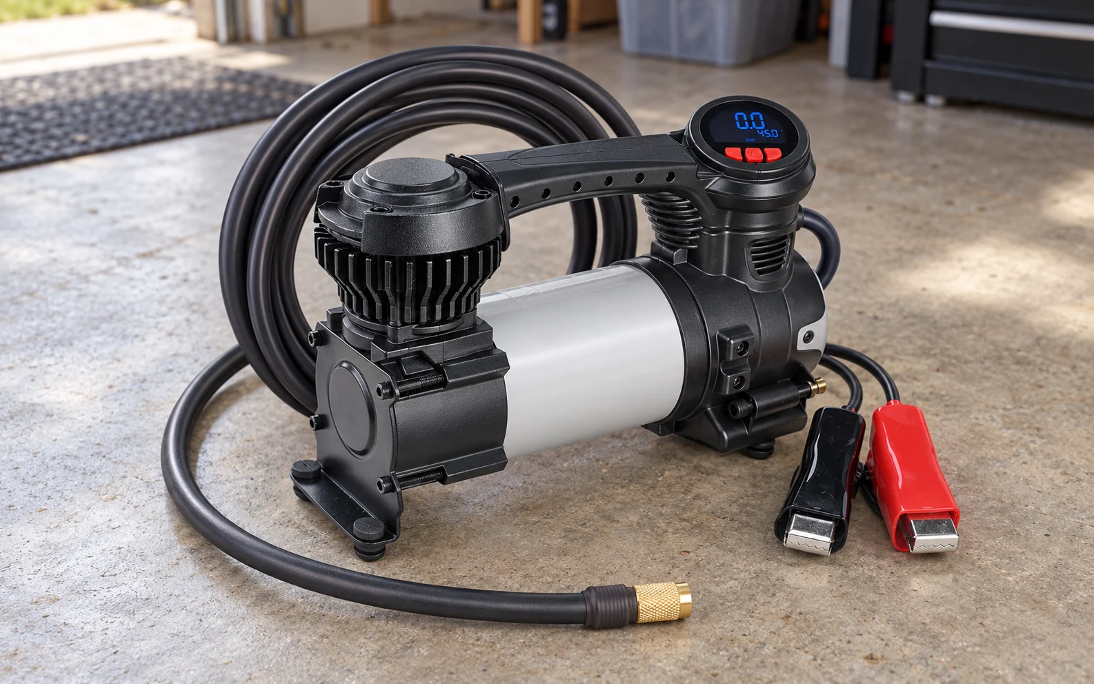 VIAIR Every Vehicle Carry 88P Digital, battery-clamp version in a household setting.