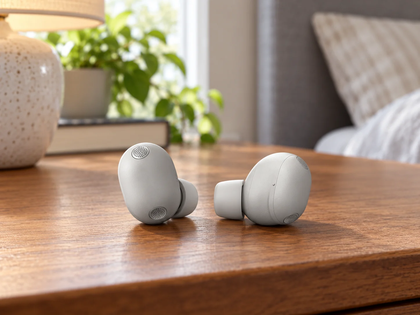 A pair of light-grey wireless earbuds on a bedside table.