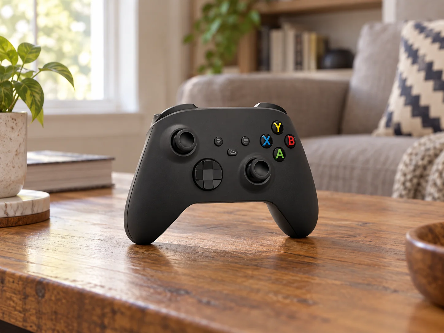 Microsoft Xbox Wireless Controller, Carbon Black, Xbox Series X|S generation in a household setting.